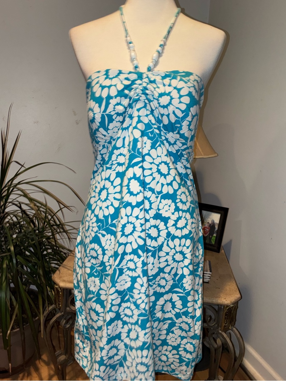 Tommy Bahama Turquoise and White Floral Strapless Dress